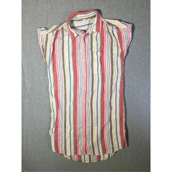 Womens Old Navy Dress Size Medium Linen Blend Sustainable Natural Stripes - Picture 1 of 4